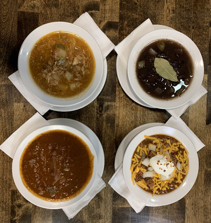 Our four soups. Chicken soup, black bean soup, red bean soup, and Cuban chili 